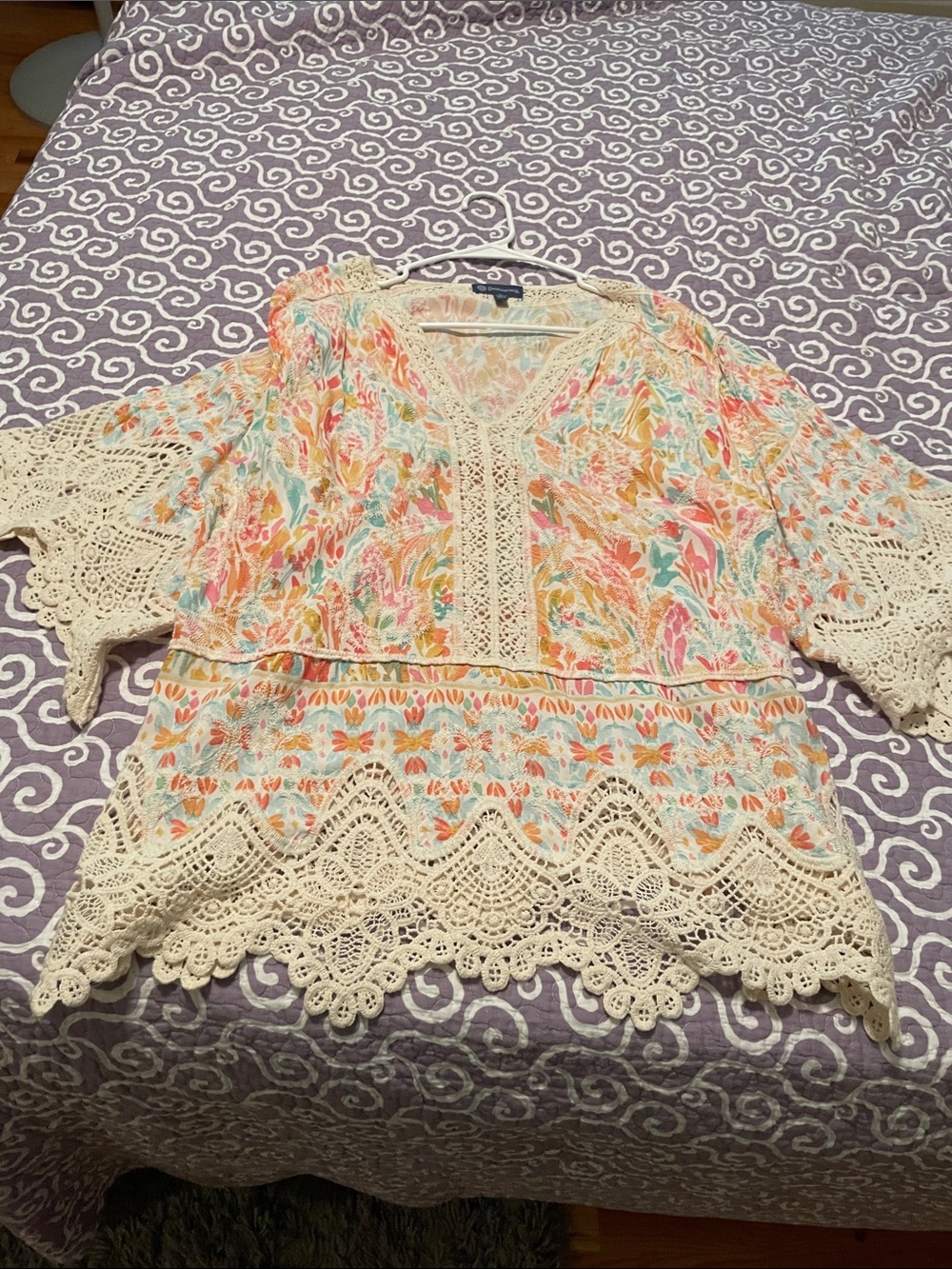 Democracy Floral Crochet-Trim Tunic in Cream, Coral & Teal